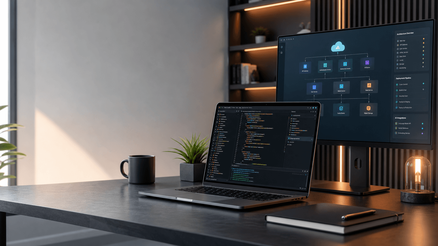 Modern developer workspace with code and cloud architecture screens
